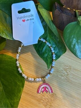 🎀 Breast Cancer Awareness Stretchy Beaded Bracelet | Handmade | Dangle Charm 🎀